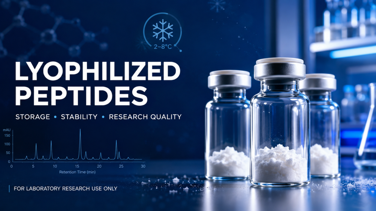 Lyophilized peptides in a laboratory representing storage, stability, analytical testing, and research quality.