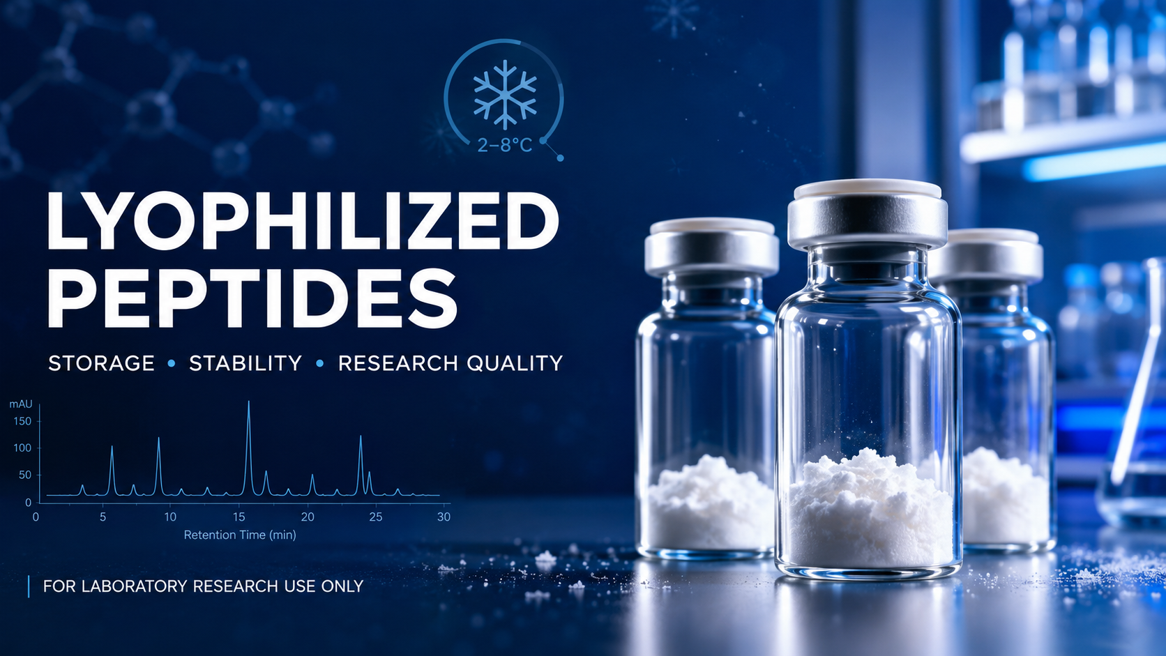 Lyophilized peptides in a laboratory representing storage, stability, analytical testing, and research quality.