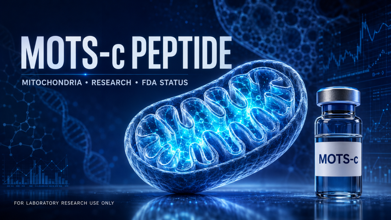 MOTS-c peptide research image featuring a mitochondrion, laboratory vial, mitochondrial research, and FDA status.