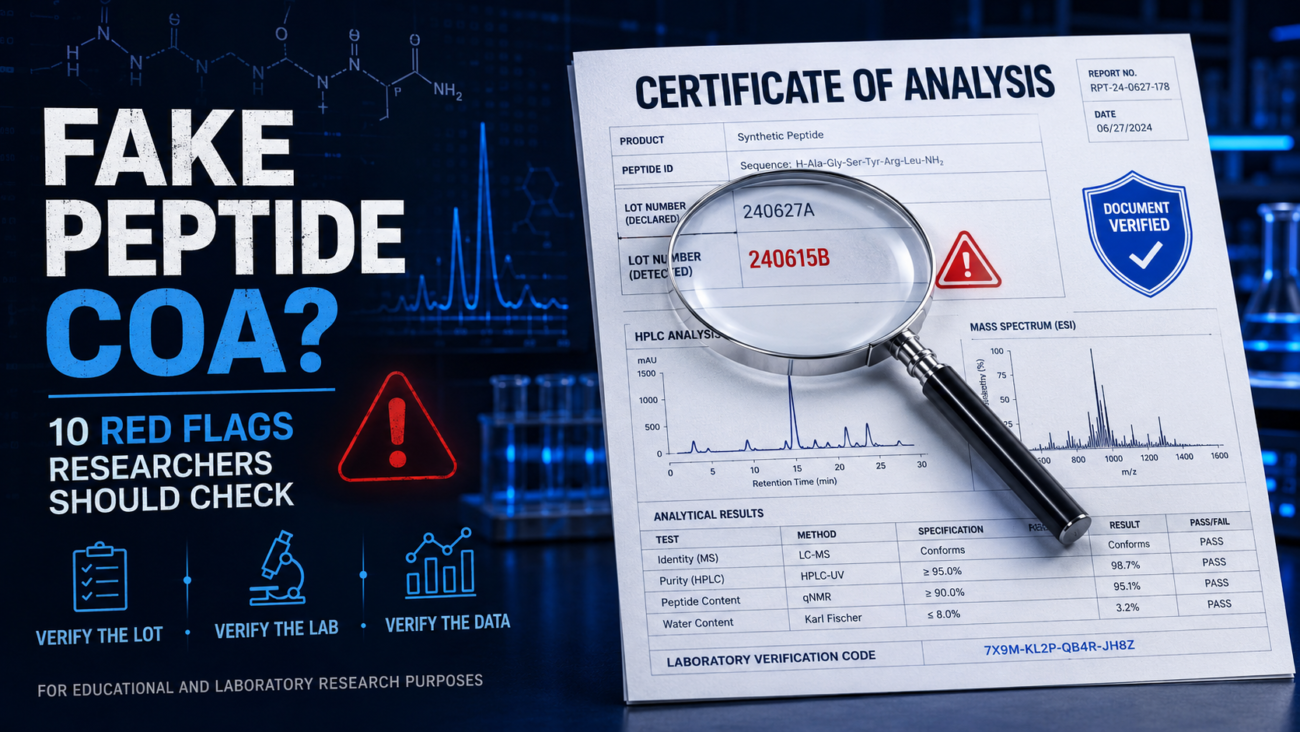 Fake peptide COA verification showing mismatched lot numbers, HPLC testing, mass spectrometry, and research supplier red flags.