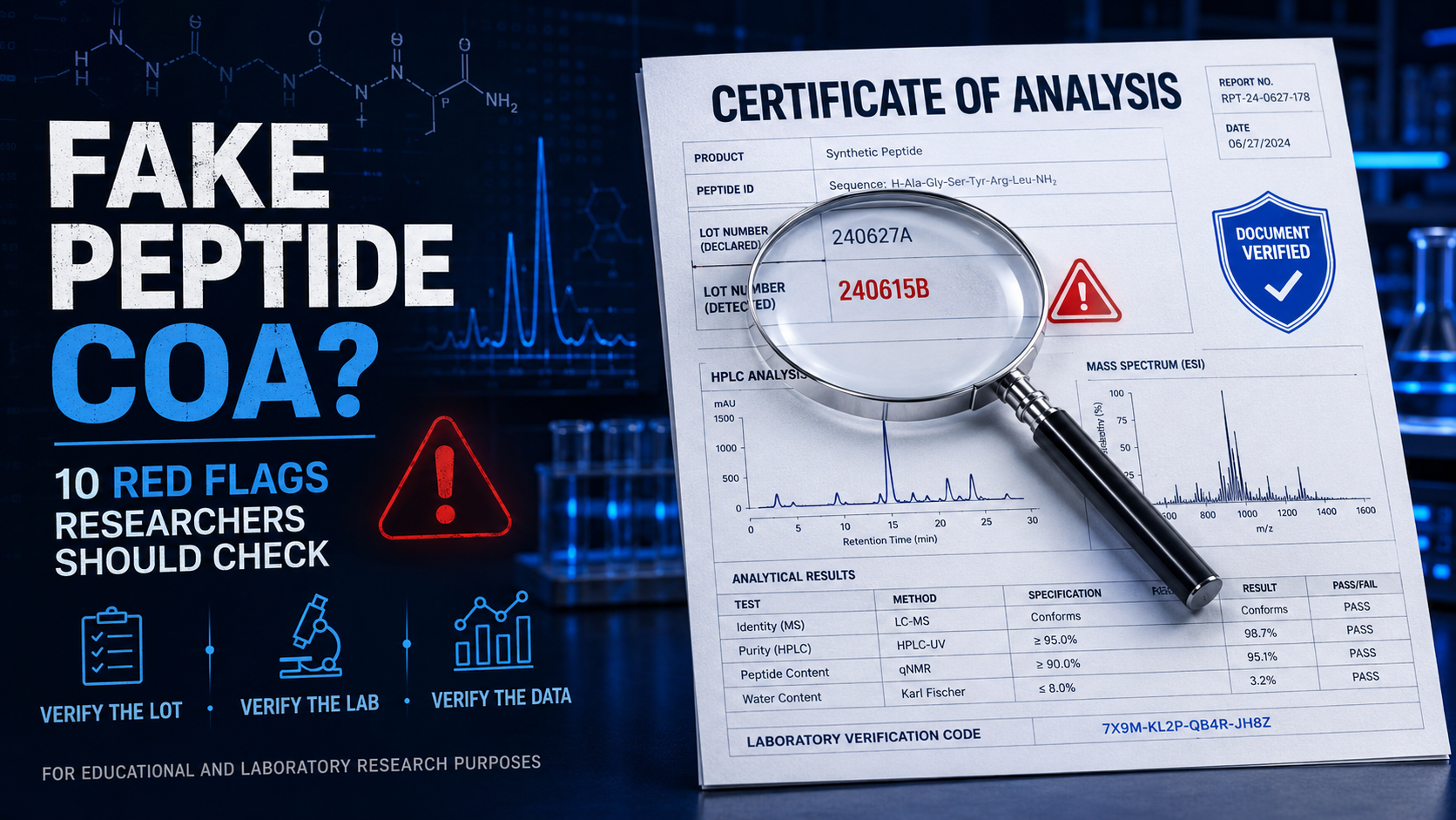 Fake peptide COA verification showing mismatched lot numbers, HPLC testing, mass spectrometry, and research supplier red flags.