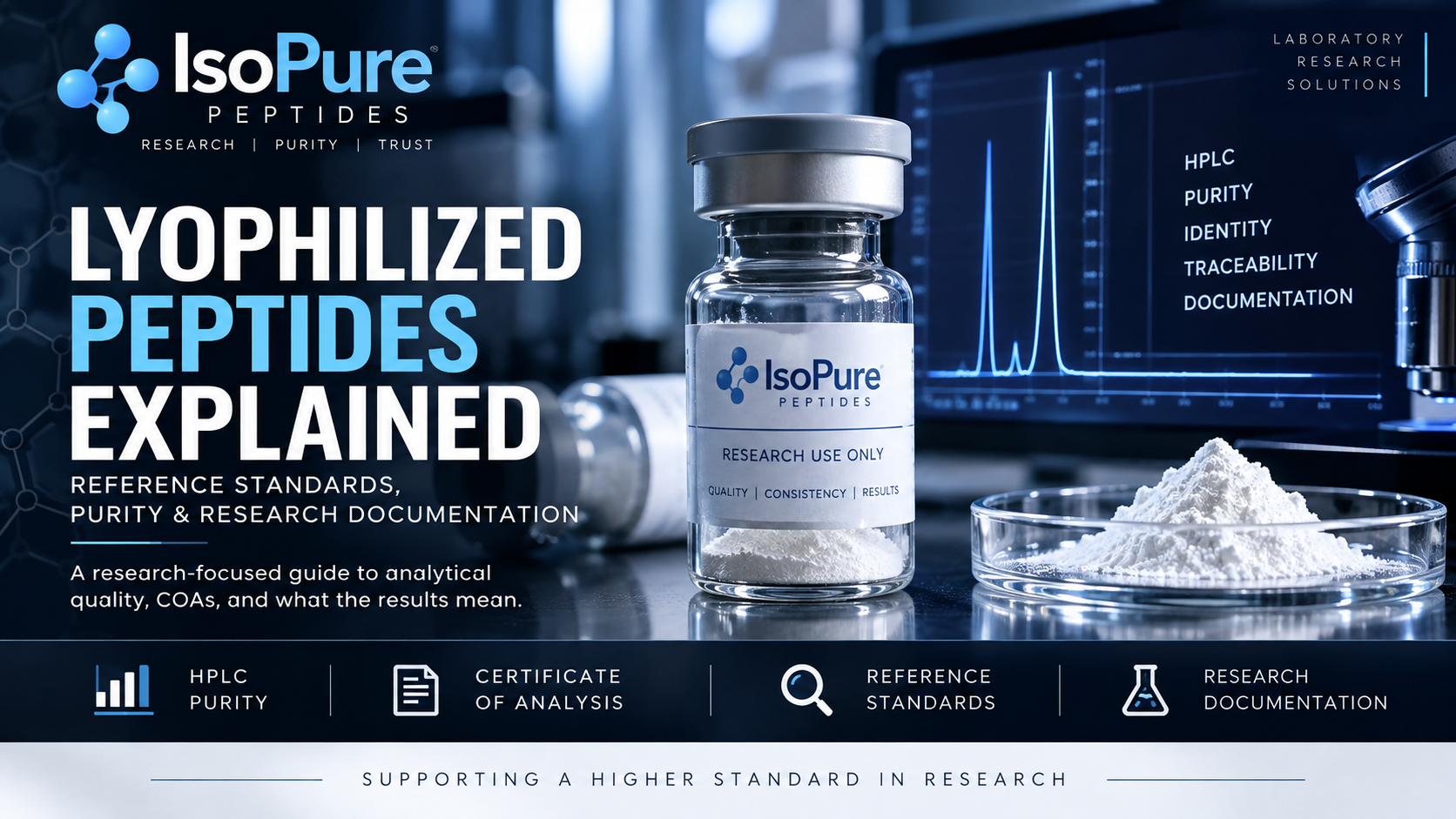 Lyophilized peptides explained with HPLC purity testing, reference standards and research documentation