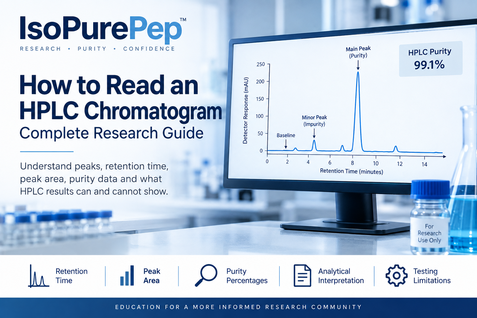 How to read an HPLC chromatogram showing retention time, peak area and purity testing results